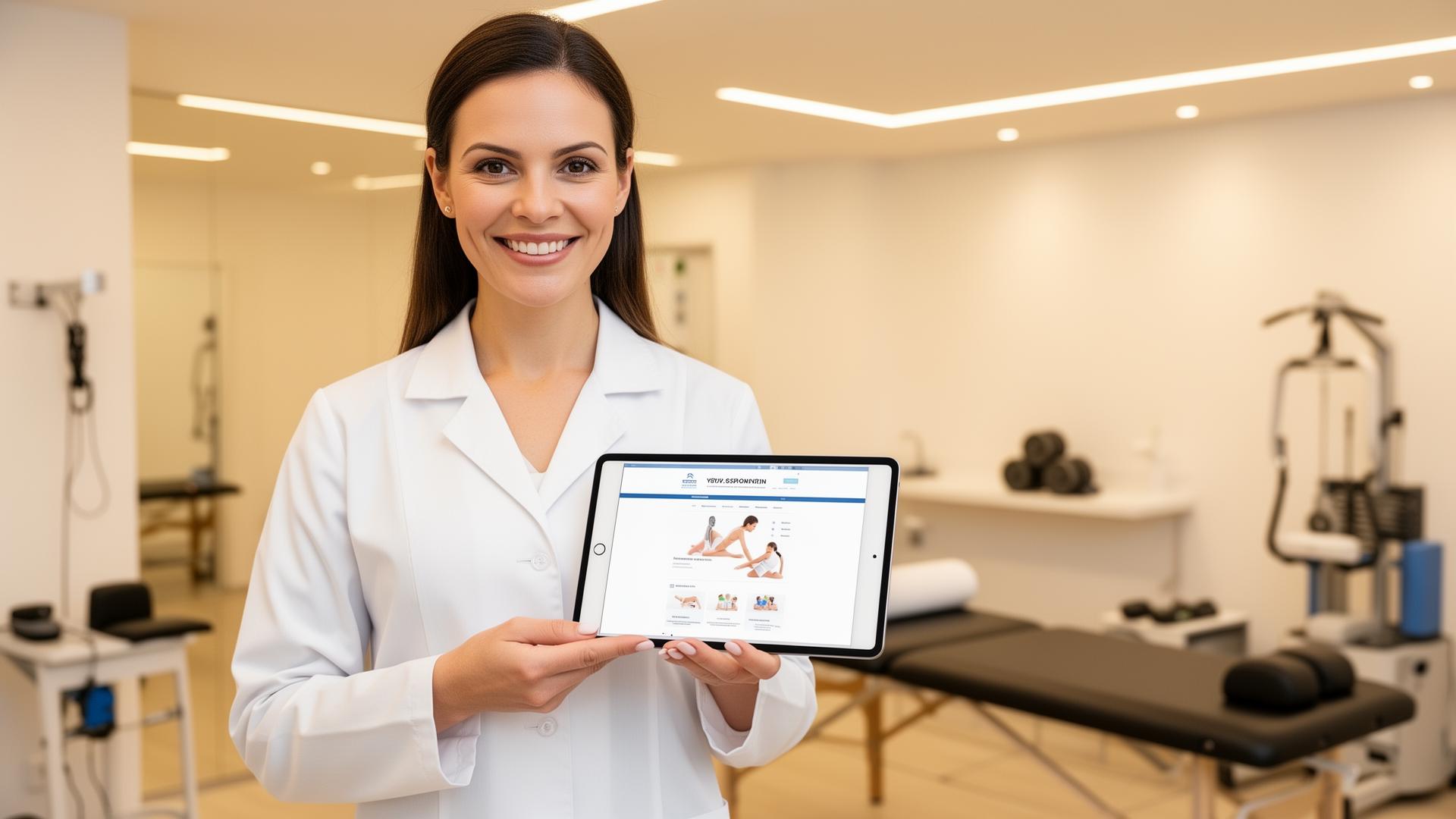 Therapeutin mit iPad zeigt moderne Praxis-Website für Physiotherapie und Heilberufe